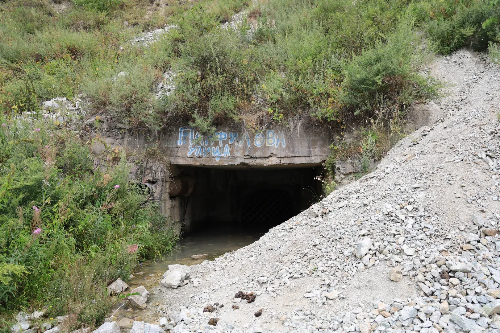 The flooded penstock inspection adit near the ruins, further up the slope.