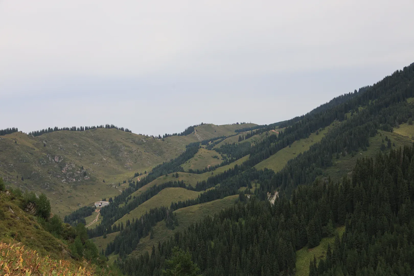 A view of the mountain range to the north. You can see some parts of the path to the Kok Zhailau plateau.