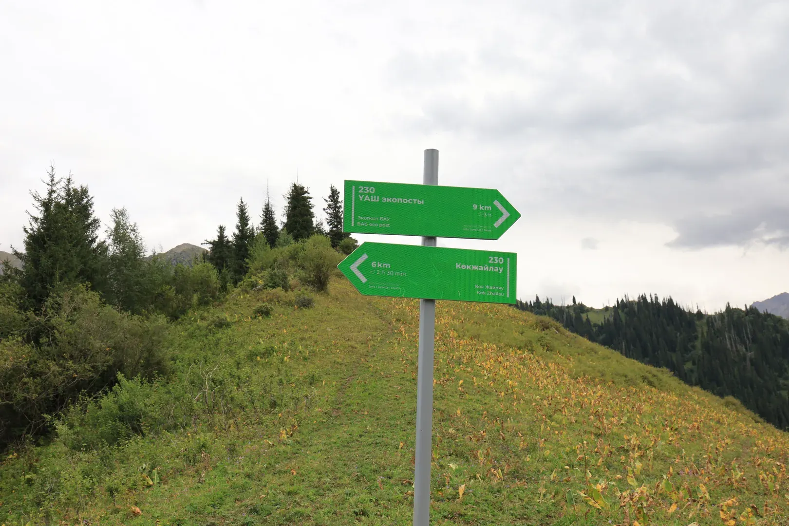 When you get to the pass, you are presented with these signposts. But you can't follow the one pointing to the right, as there is no direct way down there — only if you have some way of descending a cliff.