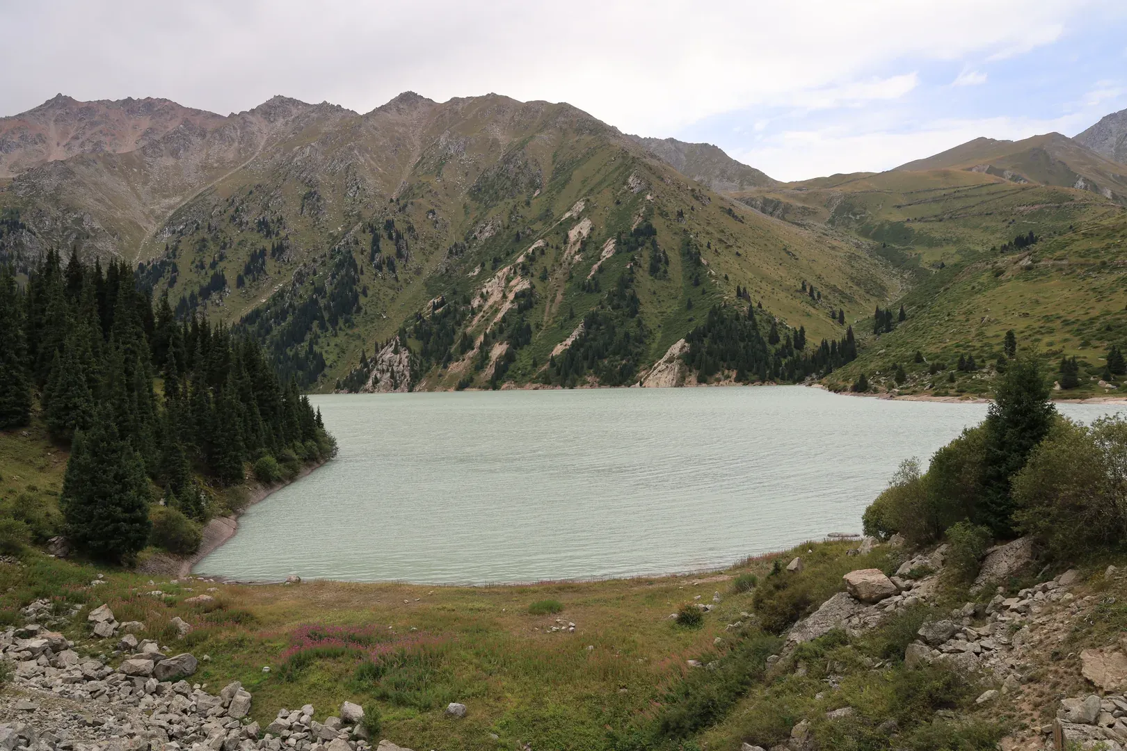 And the prize for climbing all the way up here is this view of Big Almaty Lake.