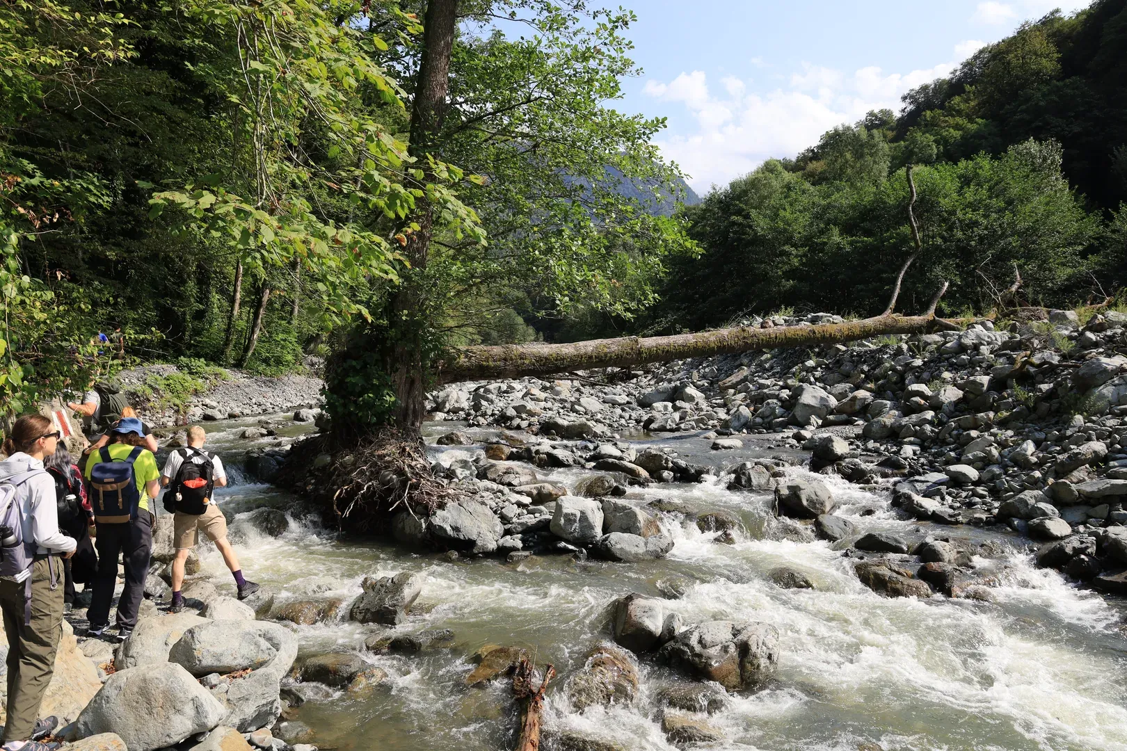 You need to walk around and across the riverbed. But there are always fairly comfortable logs laid out. And something to hold on to.