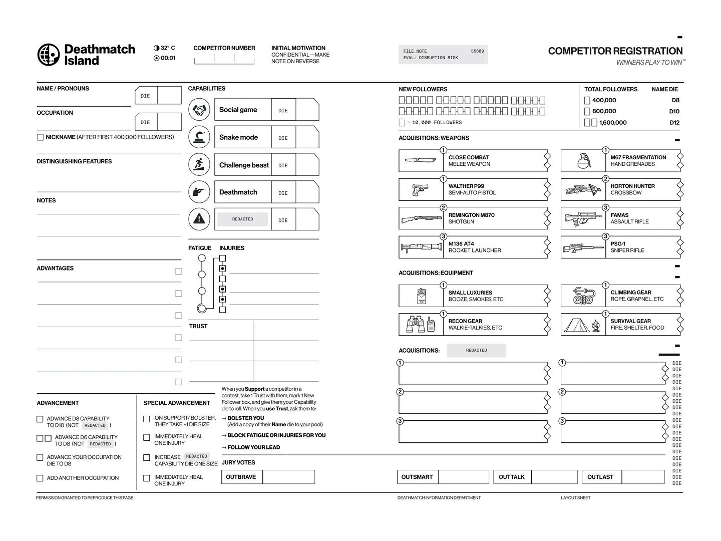 An empty player sheet. It is not as detailed as D&D or Pathfinder, but there is still a lot to track.
Deathmatch Island © 2023 Tim Denee and Evil Hat Productions, reproduced for review.