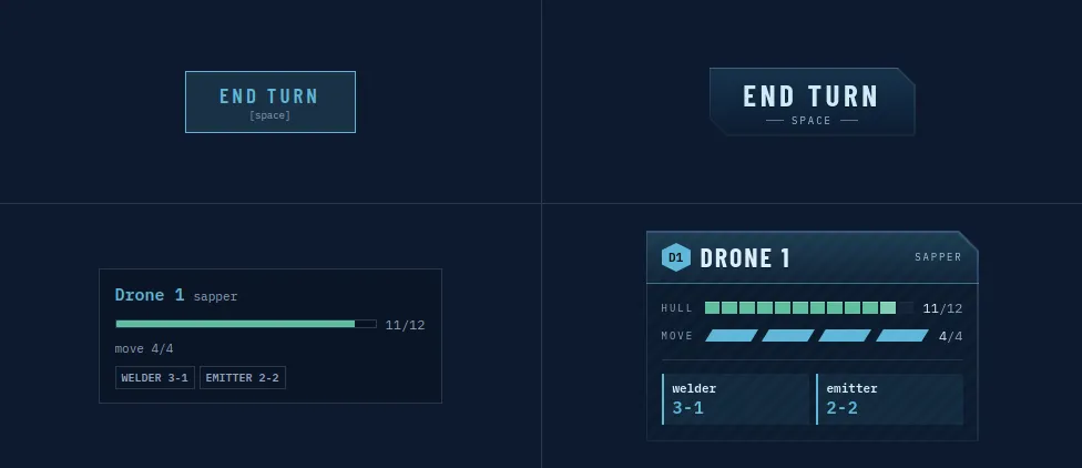 Claude Design suggestions on what to change. On the left is the flat UI that was used in the draft. On the right, a suggestion to make it look less like a tool. It looks different, but doesn't deal with the problem.