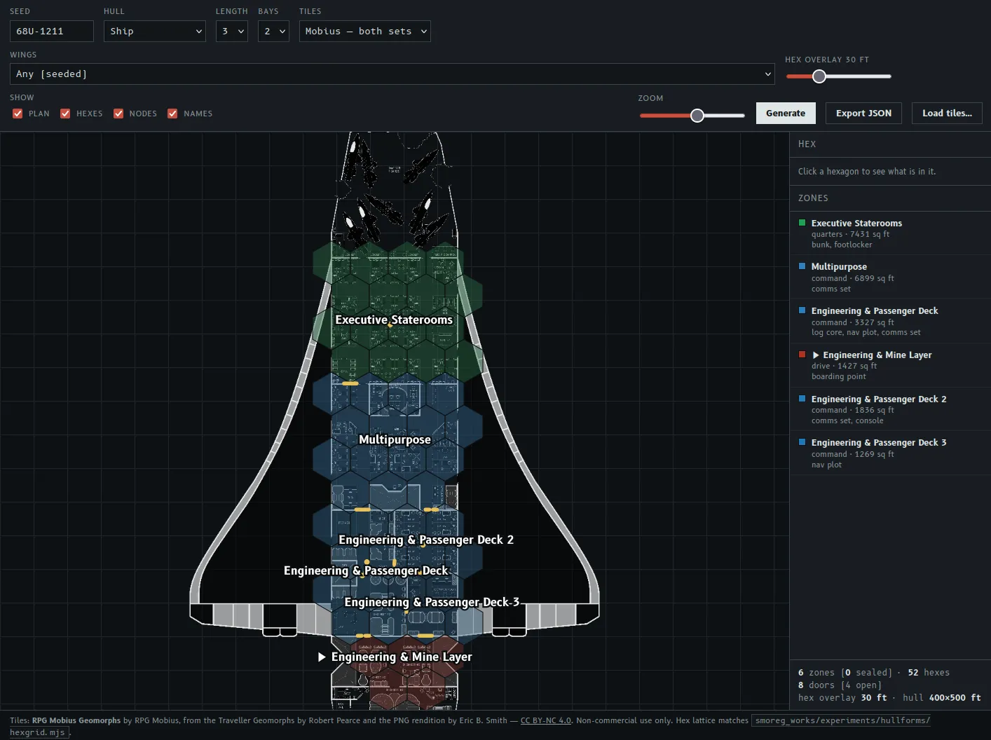 A screenshot of the ship generator with a hexagonal map overlaid. For now it can generate 1xN long ships or NxM stations; maybe I will update it for a greater variety of derelicts.