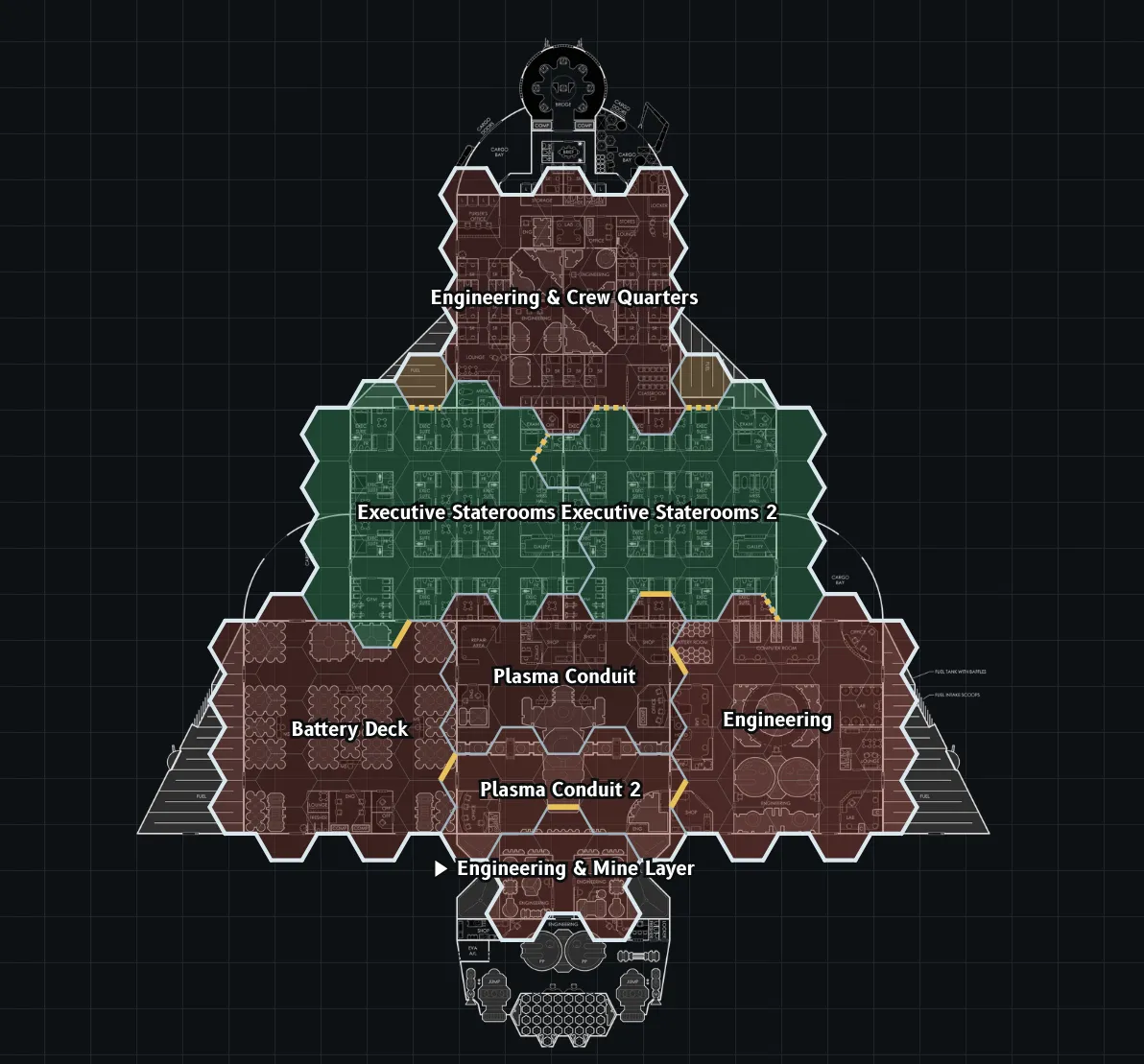 A view of what I call the 1-2-3 wider ship design, with a hexmap overlay. I've changed the hex orientation and tried to force symmetry on the hexmap to make it look better.