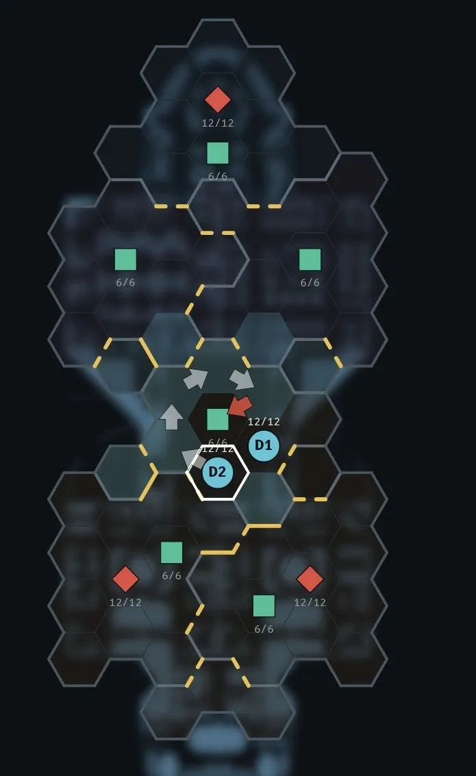 I blurred the deckplan under the hexmap so that it wouldn't be as distracting. Sadly, you can't see the details now, but it already kind of clashed with the hexmap choice. On the screenshot you can see the pathfinding prediction working, based on which direction you can attack a hostile node from.