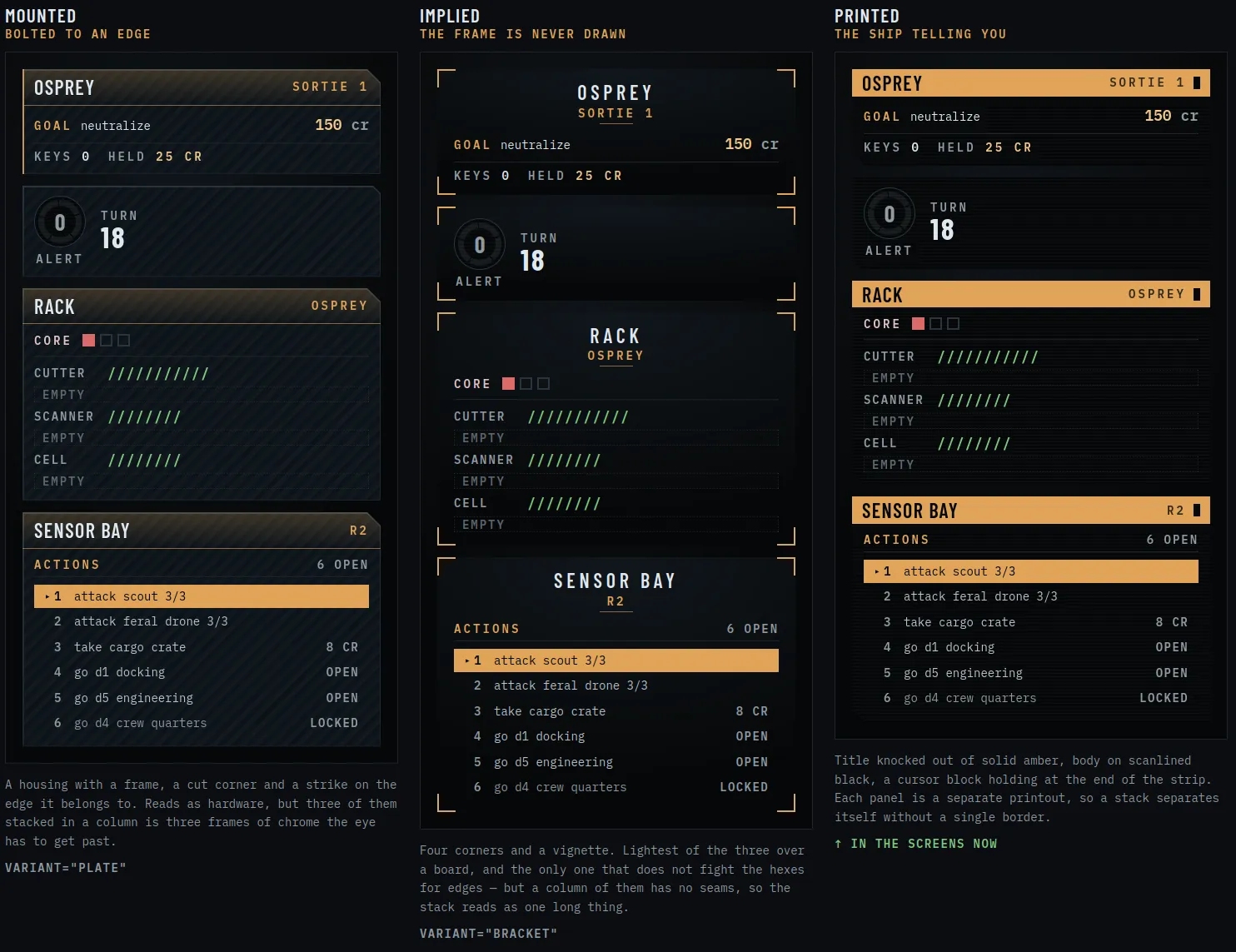 Different versions of panels generated by Claude Design. It started with the leftmost one, but they looked out of style with the amount of text the game throws your way, and bulkier than the rightmost version I chose. You can also see Claude Design furiously trying to explain why those designs fit the in-game narrative.