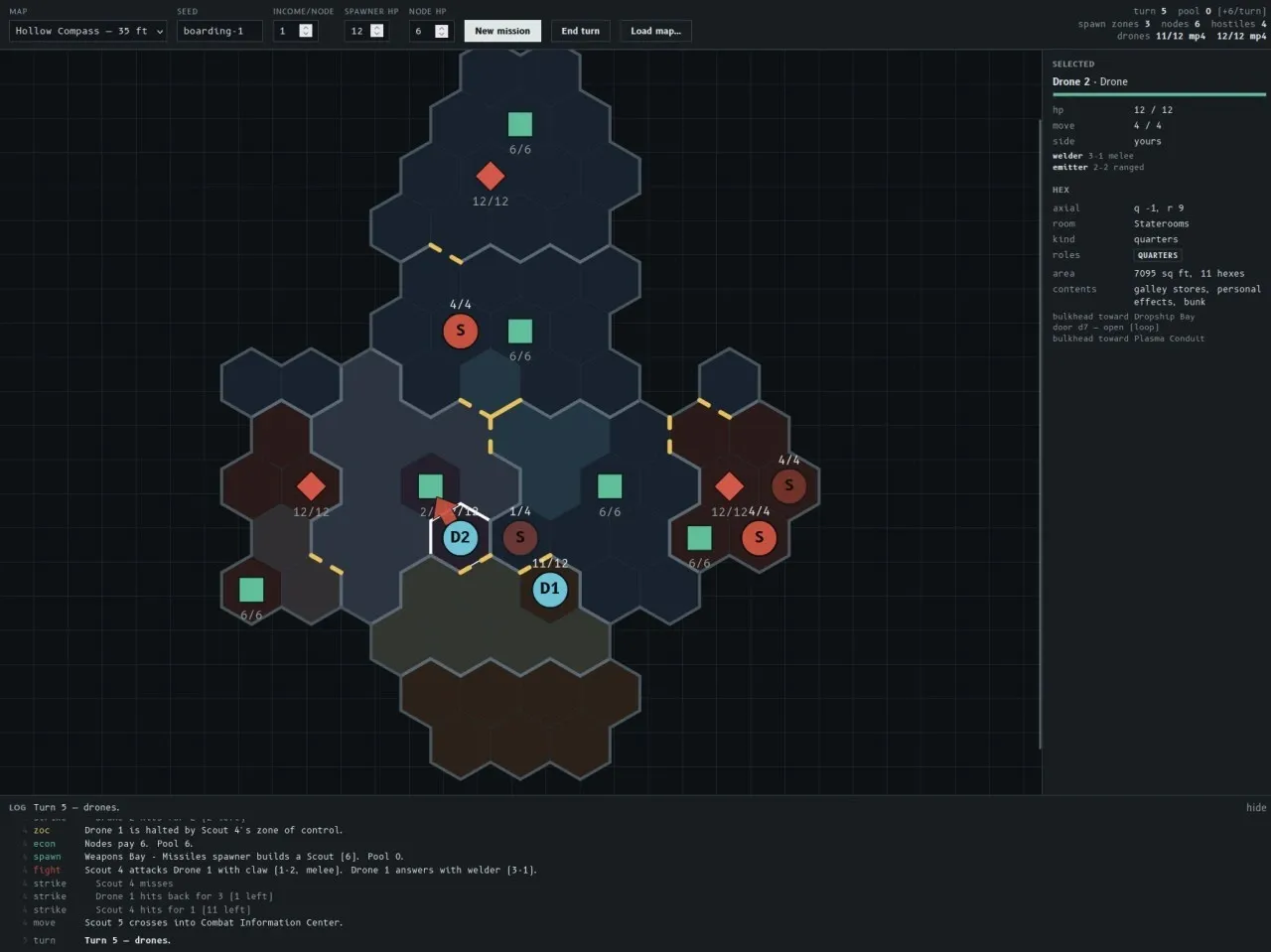 A tactical view of one of the previous hexmaps. The player controls two drones, seen as D1 and D2 on the screenshot. The ship's security system has three spawners, seen as red diamonds, and control nodes, seen as green squares. Not much gameplay other than move and destroy for now.