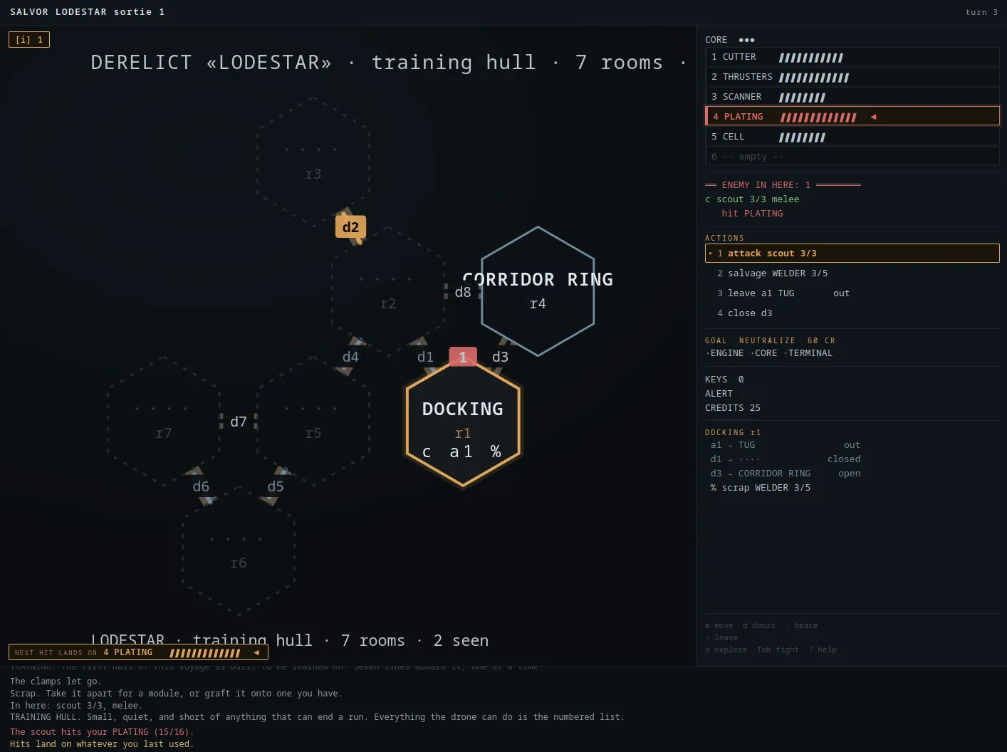The UI of the slop version of the vision. You can see a hex map with doors, an action menu, inventory space, and a log.