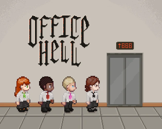 Pixel-art office workers waiting by an elevator